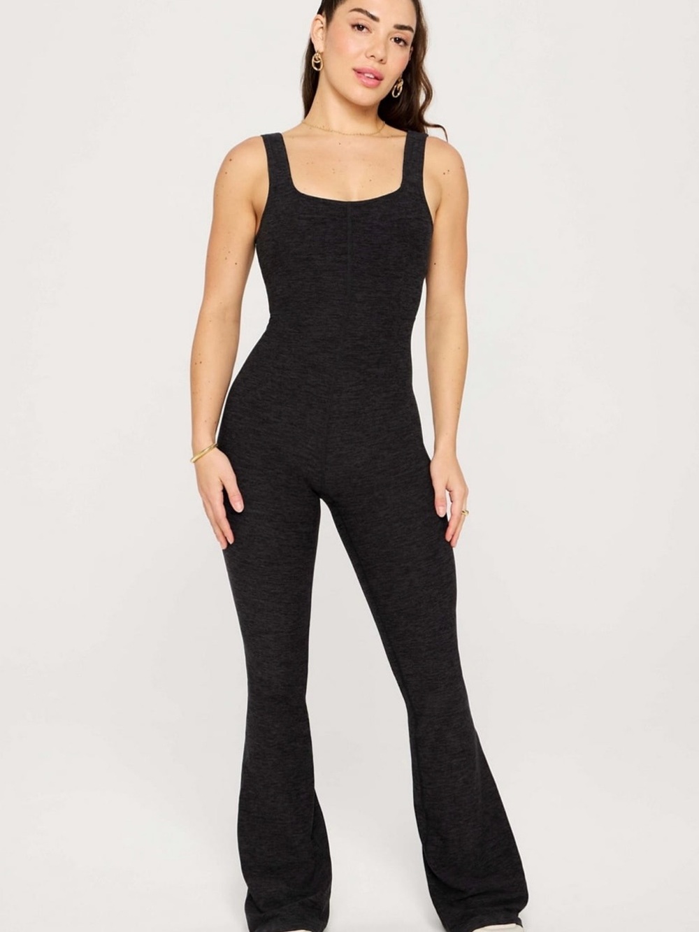 Fabletics HeatherFlex Kick Flare Black Heather Jumpsuit